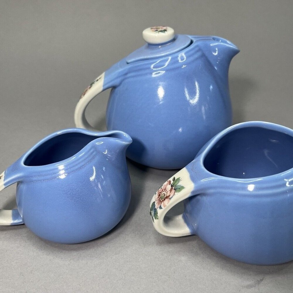 Vintage Hall's Superior Quality Rose Parade Blue Teapot Creamer & Sugar Bowl  $5